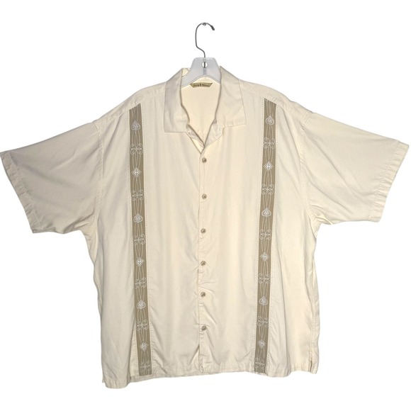 Tommy Bahama Men XXL Silk Button Up Shirt Camp Beige Embroidered FLAW - Picture 1 of 11